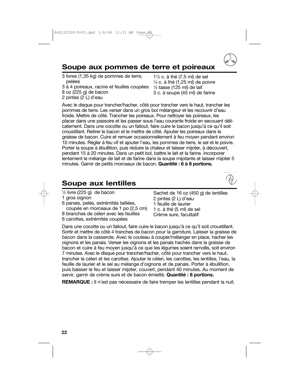 Soupe aux pommes de terre et poireaux, Soupe aux lentilles | Hamilton Beach 70450C User Manual | Page 22 / 40