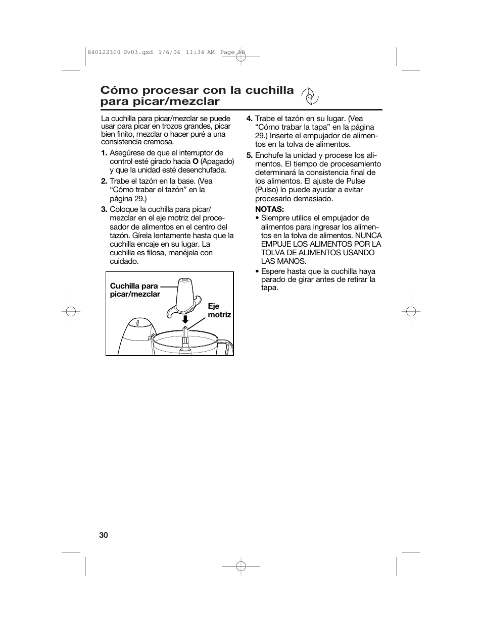 Cómo procesar con la cuchilla para picar/mezclar | Hamilton Beach 70450C User Manual | Page 30 / 40