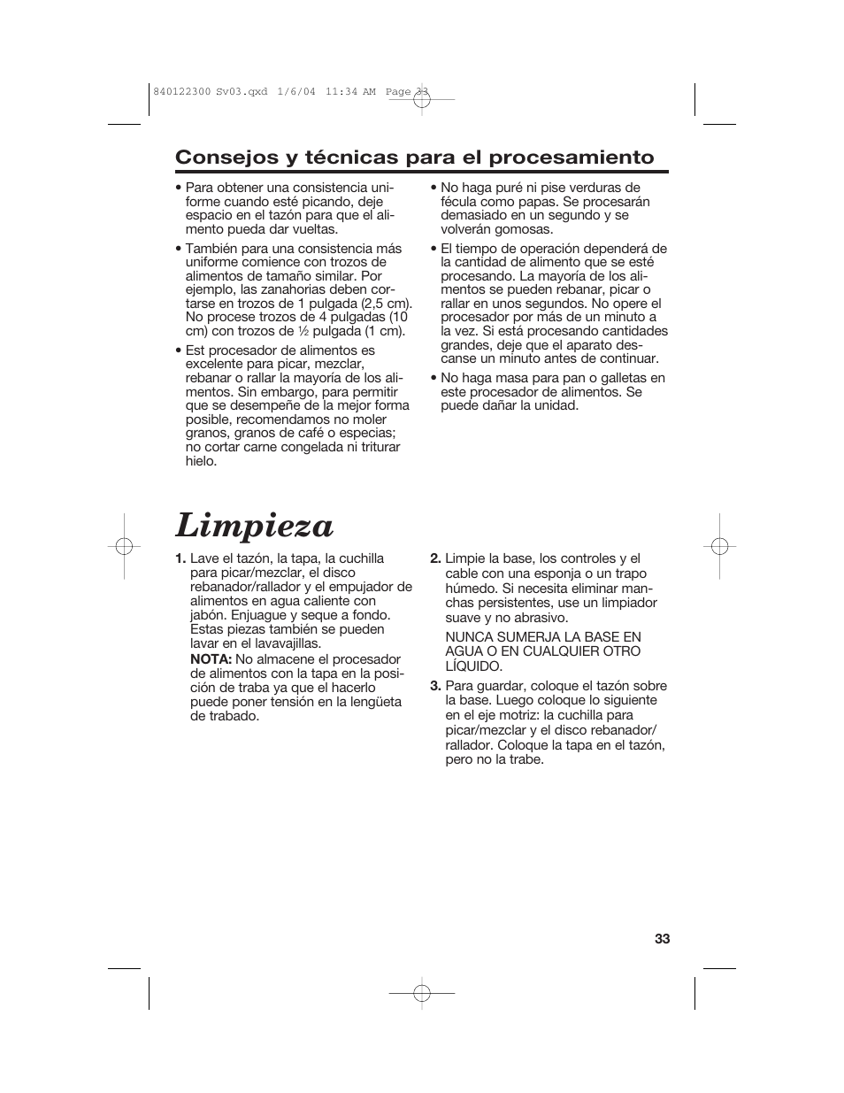 Limpieza, Consejos y técnicas para el procesamiento | Hamilton Beach 70450C User Manual | Page 33 / 40