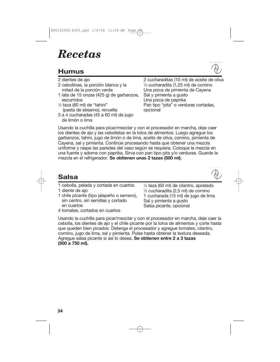 Recetas, Humus, Salsa | Hamilton Beach 70450C User Manual | Page 34 / 40