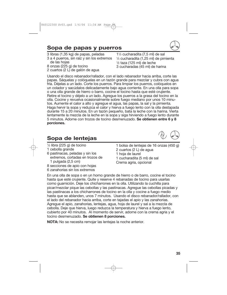 Sopa de papas y puerros, Sopa de lentejas | Hamilton Beach 70450C User Manual | Page 35 / 40