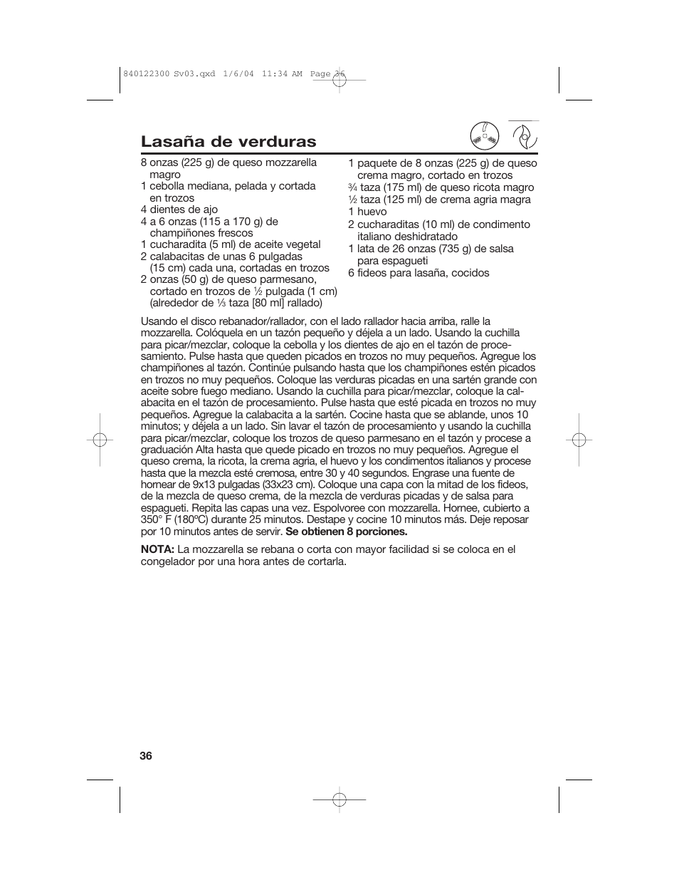 Lasaña de verduras | Hamilton Beach 70450C User Manual | Page 36 / 40