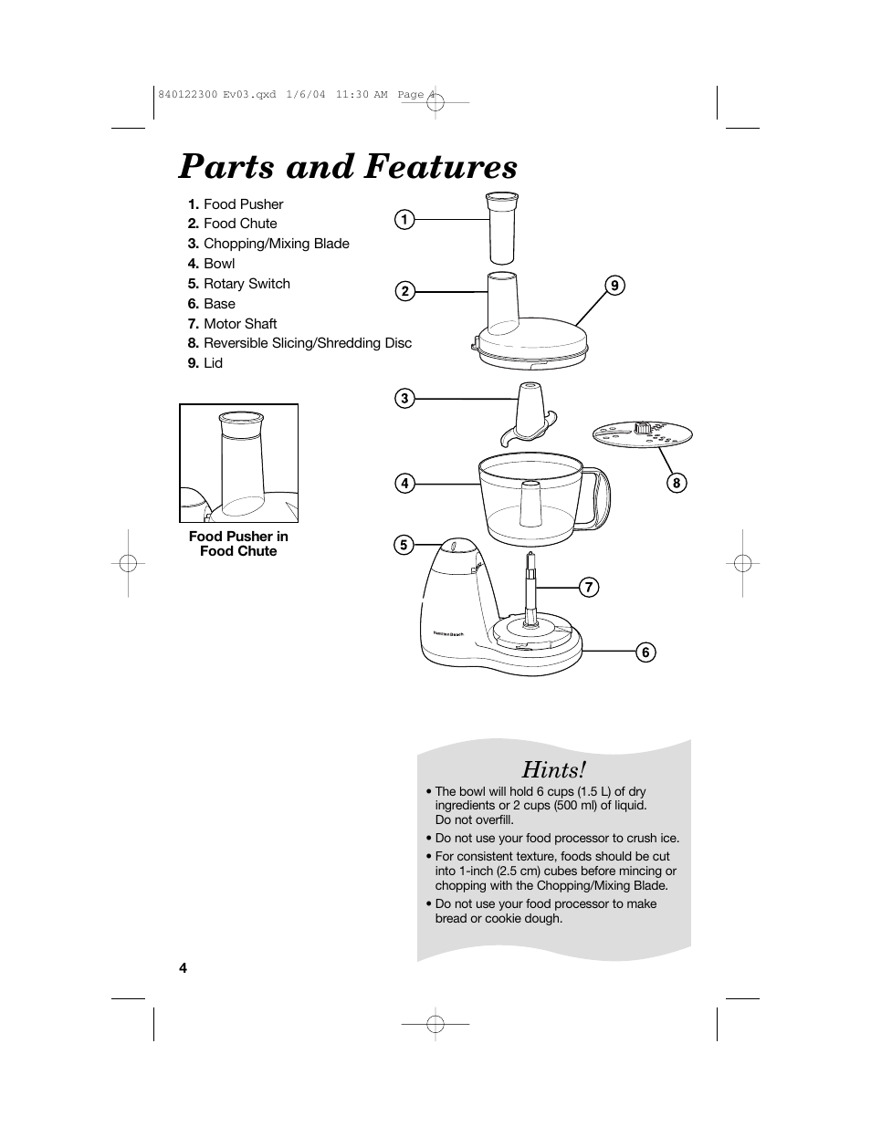 Parts and features, Hints | Hamilton Beach 70450C User Manual | Page 4 / 40