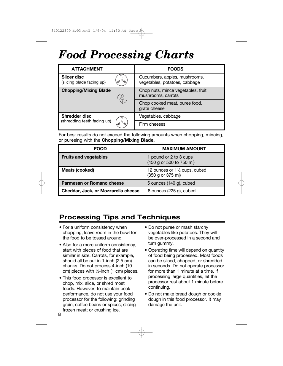 Food processing charts, Processing tips and techniques | Hamilton Beach 70450C User Manual | Page 8 / 40