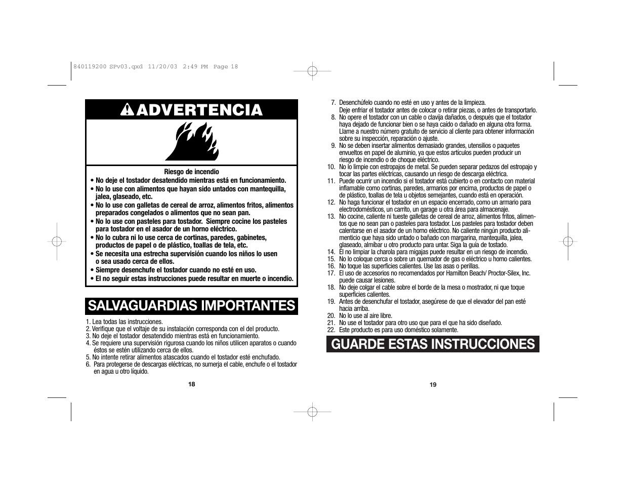 Wadvertencia, Guarde estas instrucciones, Salvaguardias importantes | Hamilton Beach 22625C User Manual | Page 10 / 15