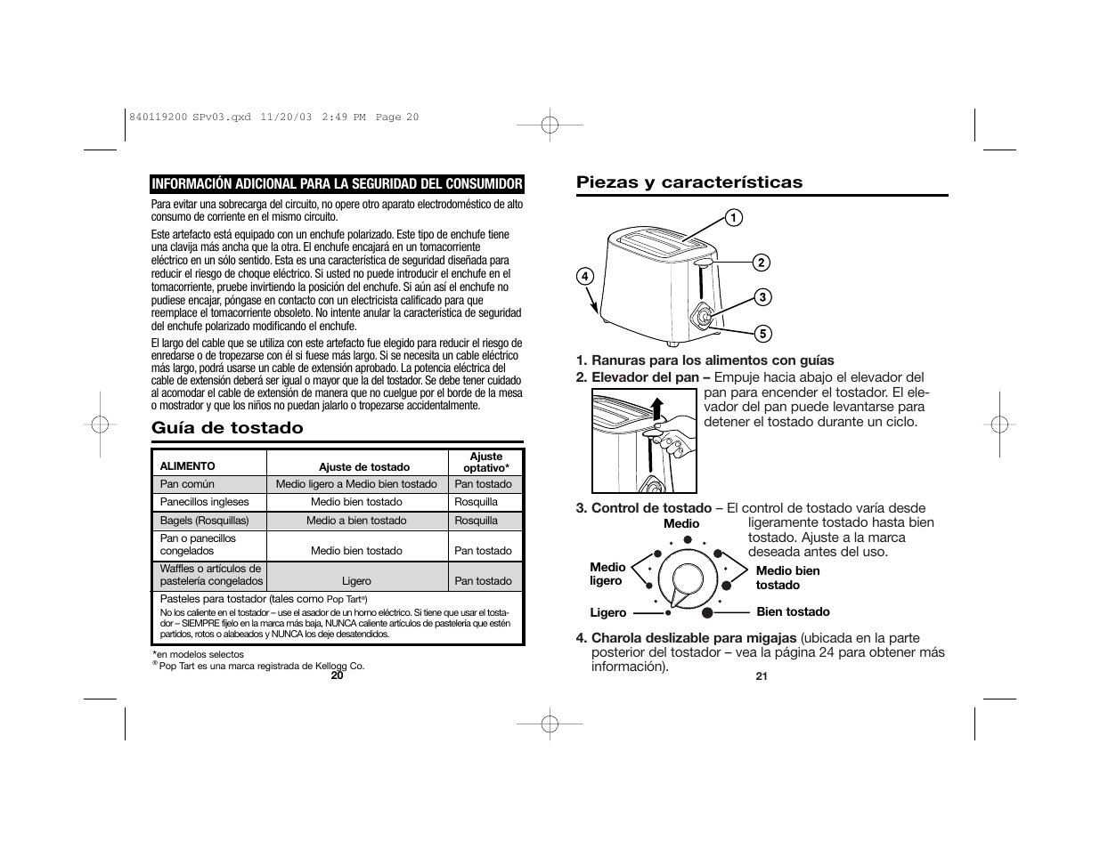 Piezas y características, Guía de tostado | Hamilton Beach 22625C User Manual | Page 11 / 15