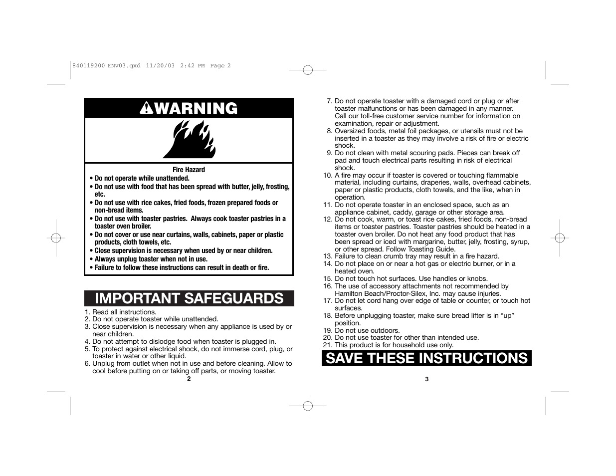 Wwarning, Important safeguards, Save these instructions | Hamilton Beach 22625C User Manual | Page 2 / 15