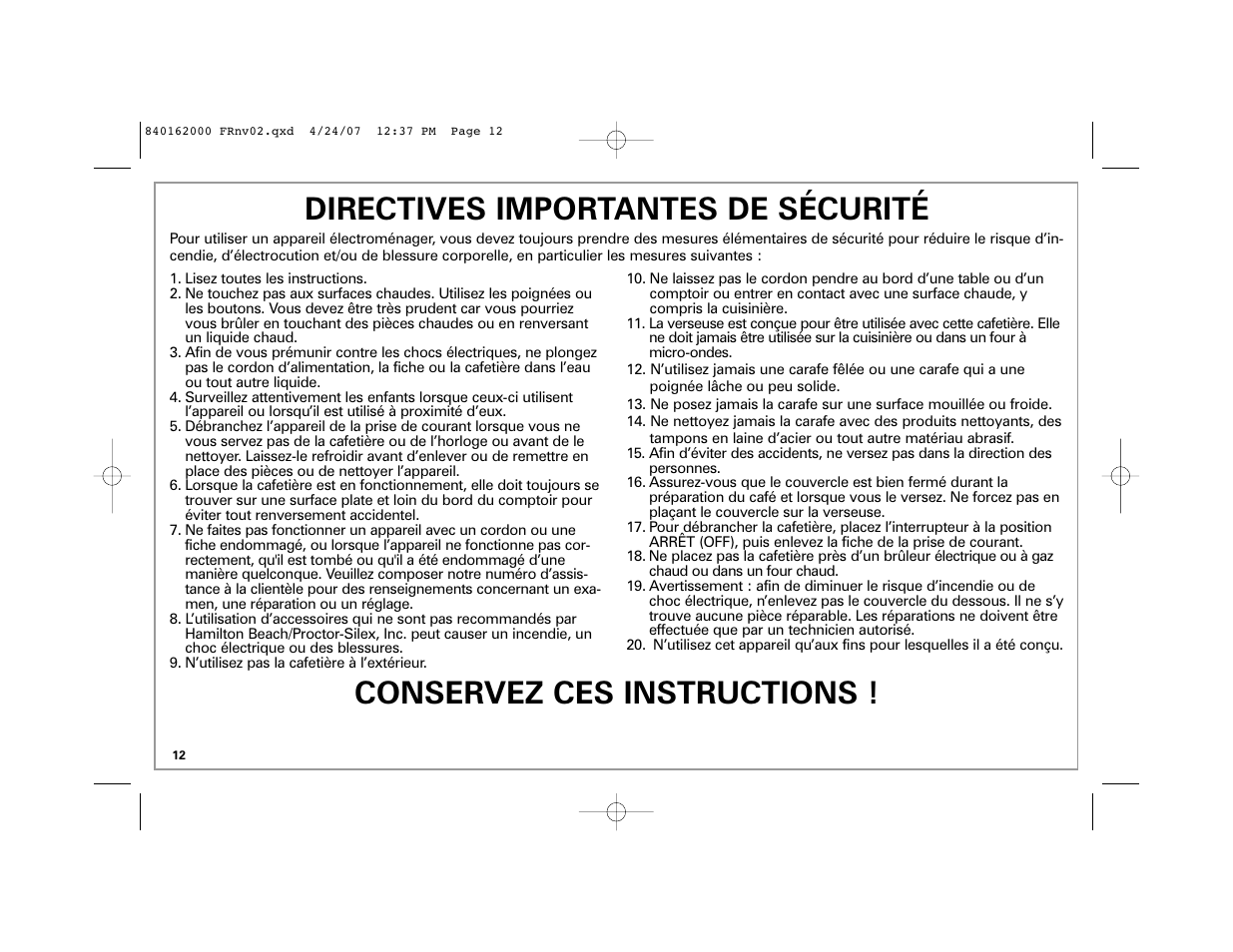 Directives importantes de sécurité, Conservez ces instructions | Hamilton Beach 44559 User Manual | Page 12 / 32