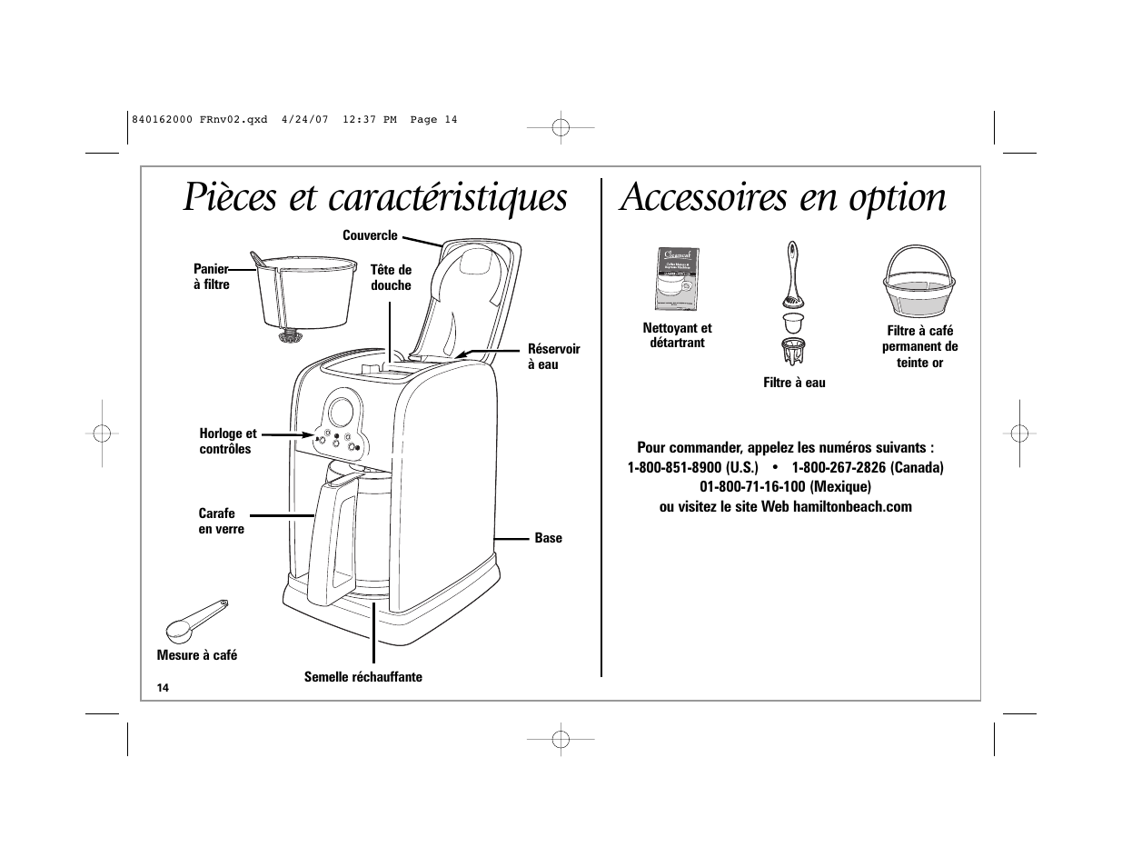 Pièces et caractéristiques, Accessoires en option | Hamilton Beach 44559 User Manual | Page 14 / 32