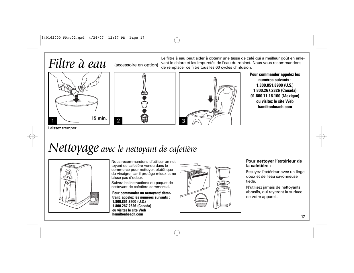 Filtre à eau, Nettoyage, Avec le nettoyant de cafetière | Hamilton Beach 44559 User Manual | Page 17 / 32