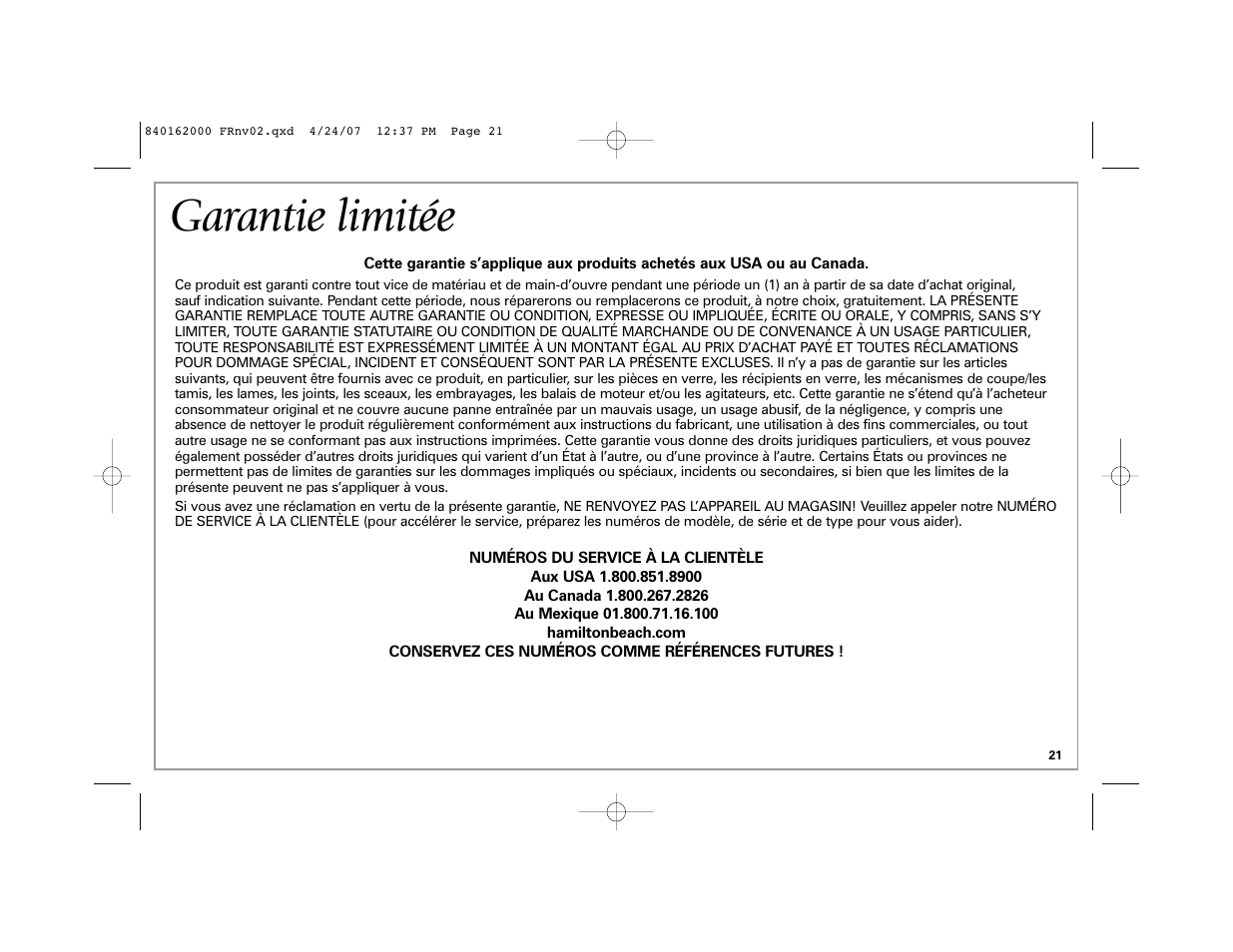 Garantie limitée | Hamilton Beach 44559 User Manual | Page 21 / 32