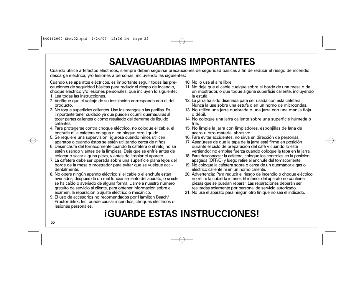Salvaguardias importantes, Guarde estas instrucciones | Hamilton Beach 44559 User Manual | Page 22 / 32