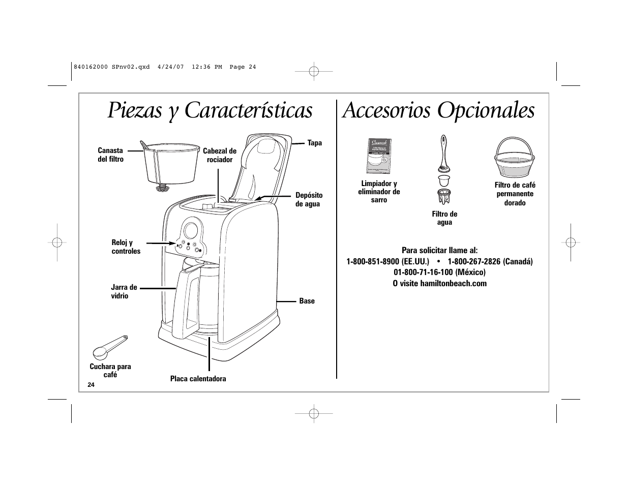 Piezas y características, Accesorios opcionales | Hamilton Beach 44559 User Manual | Page 24 / 32