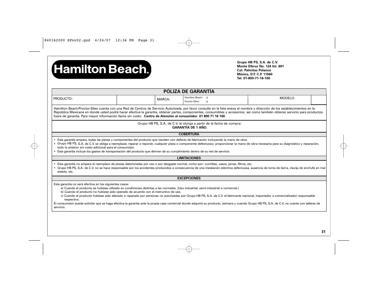 Póliza de garantía | Hamilton Beach 44559 User Manual | Page 31 / 32