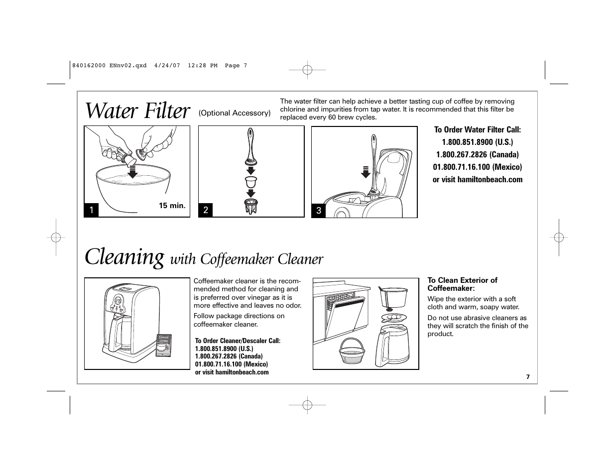 Water filter, Cleaning, With coffeemaker cleaner | Hamilton Beach 44559 User Manual | Page 7 / 32