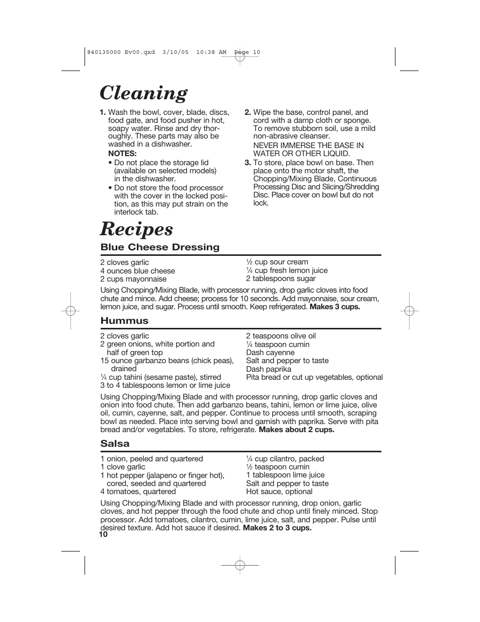 Recipes, Cleaning | Hamilton Beach 70550R User Manual | Page 10 / 44