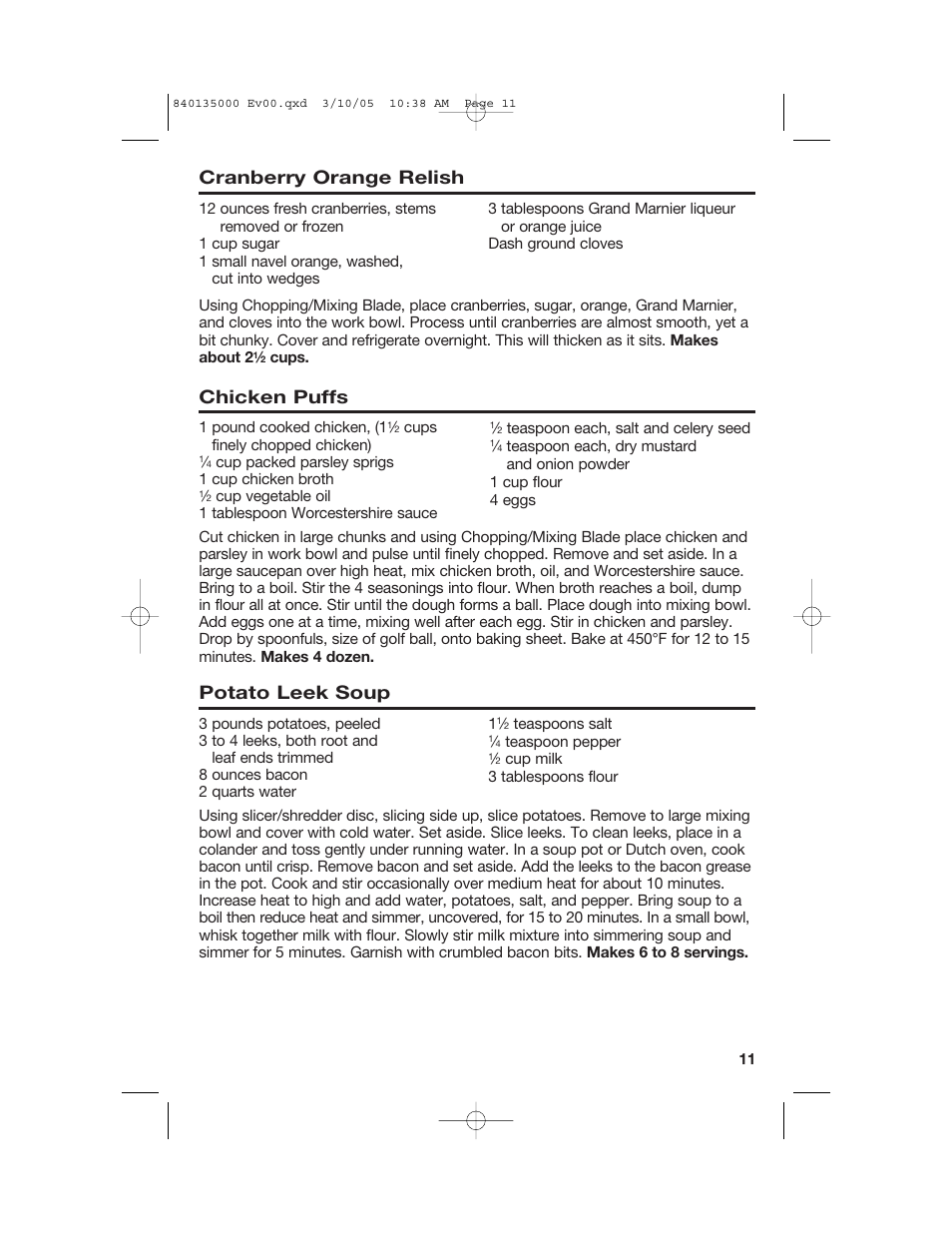 Cranberry orange relish, Chicken puffs, Potato leek soup | Hamilton Beach 70550R User Manual | Page 11 / 44