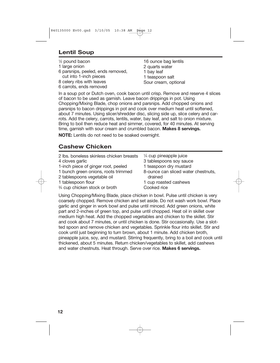 Cashew chicken, Lentil soup | Hamilton Beach 70550R User Manual | Page 12 / 44