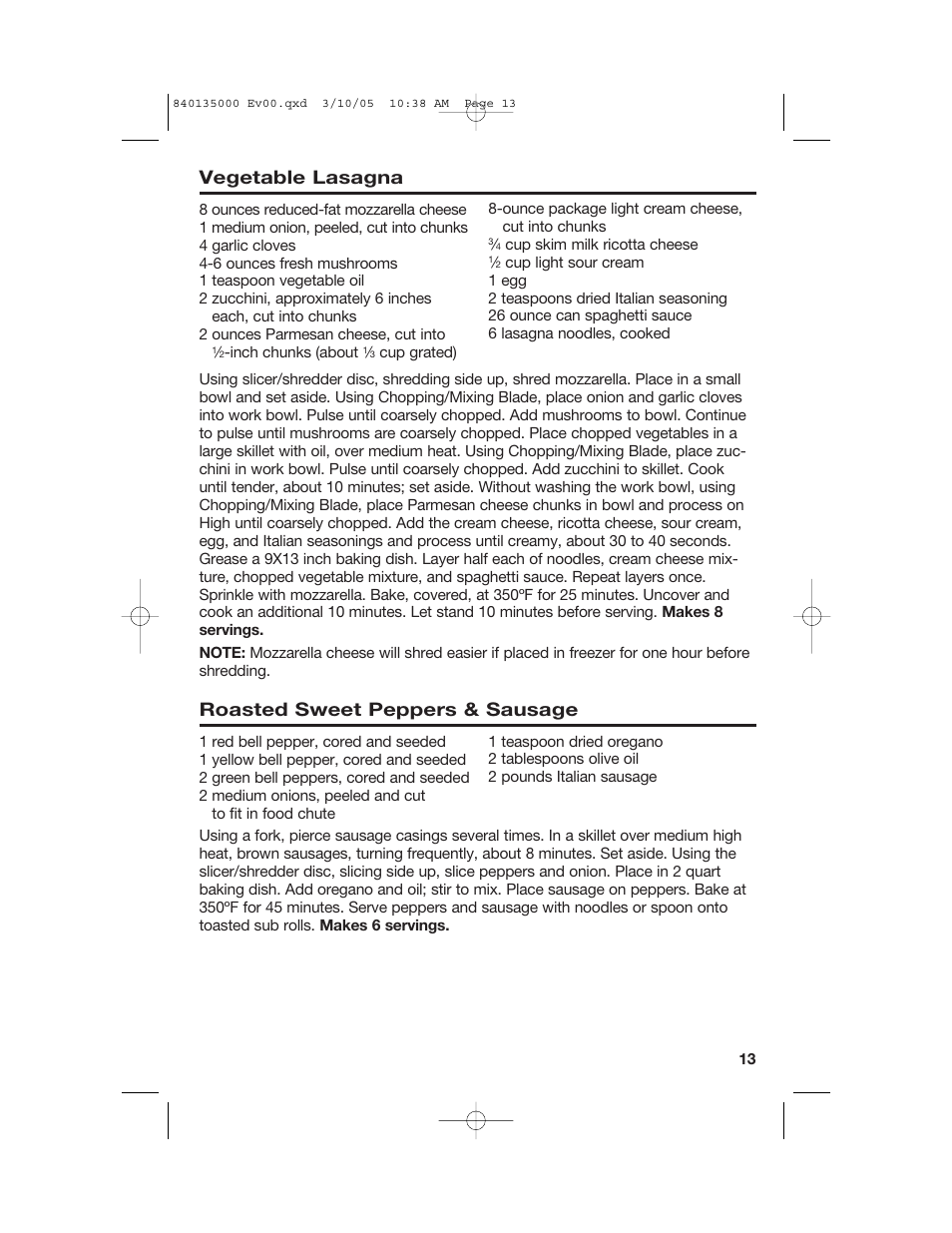 Vegetable lasagna, Roasted sweet peppers & sausage | Hamilton Beach 70550R User Manual | Page 13 / 44