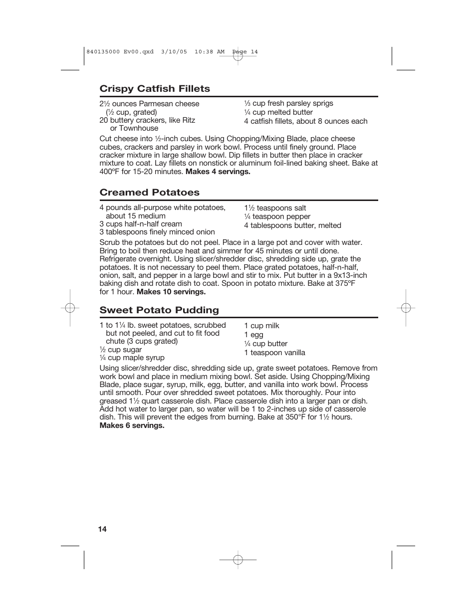 Crispy catfish fillets, Creamed potatoes, Sweet potato pudding | Hamilton Beach 70550R User Manual | Page 14 / 44