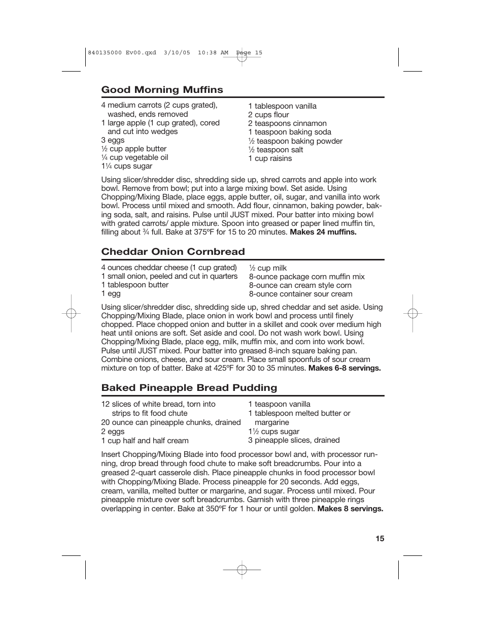 Good morning muffins, Cheddar onion cornbread, Baked pineapple bread pudding | Hamilton Beach 70550R User Manual | Page 15 / 44