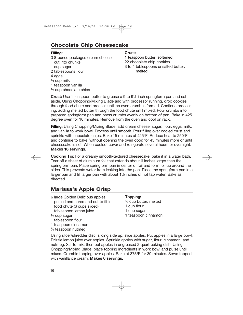 Chocolate chip cheesecake, Marissa’s apple crisp | Hamilton Beach 70550R User Manual | Page 16 / 44