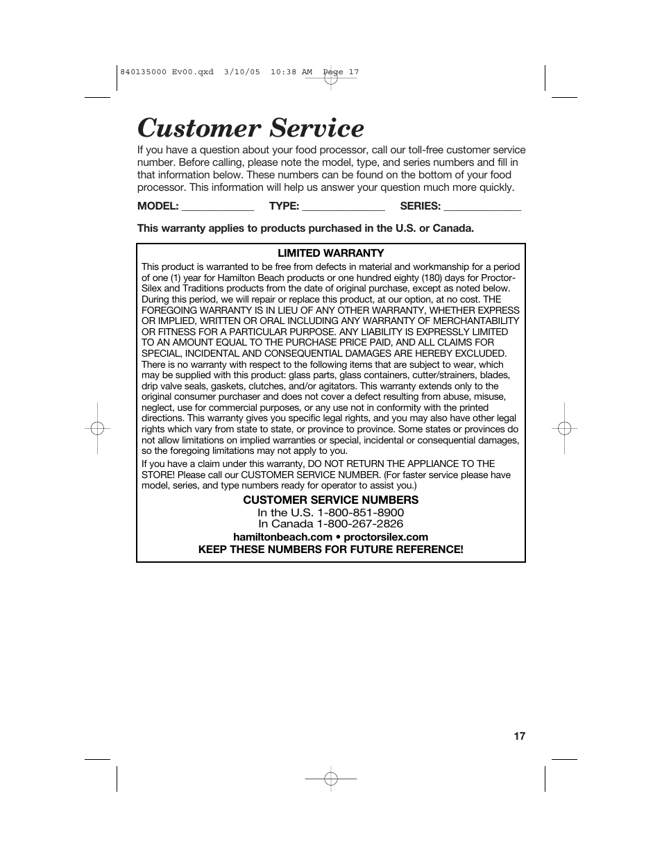 Customer service | Hamilton Beach 70550R User Manual | Page 17 / 44