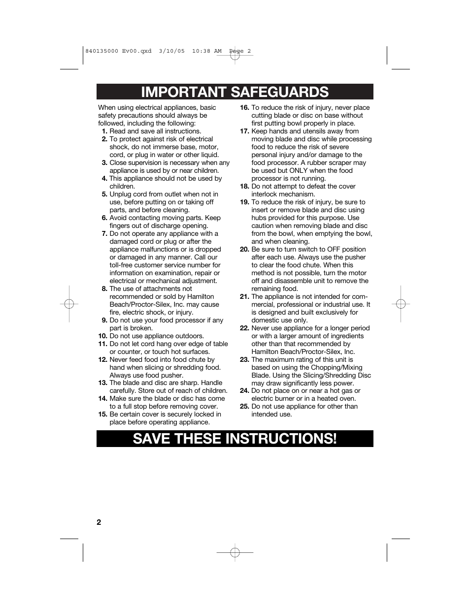 Important safeguards save these instructions | Hamilton Beach 70550R User Manual | Page 2 / 44