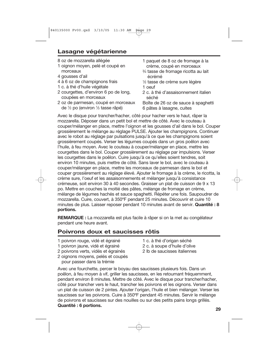 Lasagne végétarienne, Poivrons doux et saucisses rôtis | Hamilton Beach 70550R User Manual | Page 29 / 44