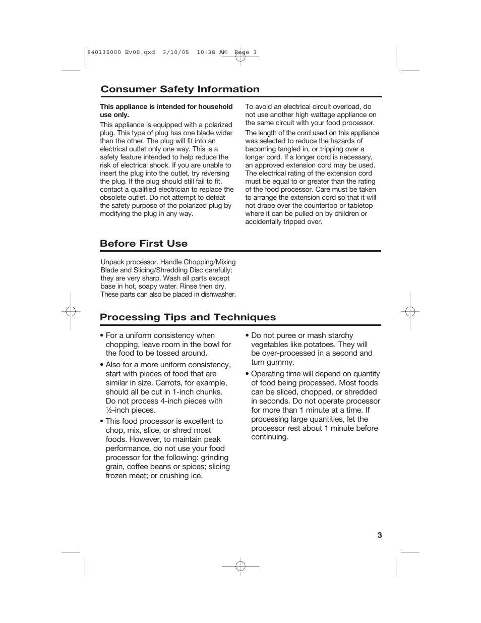 Consumer safety information, Before first use, Processing tips and techniques | Hamilton Beach 70550R User Manual | Page 3 / 44