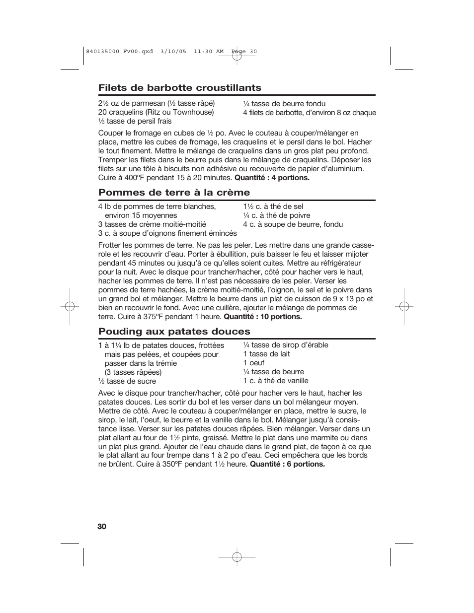 Filets de barbotte croustillants, Pommes de terre à la crème, Pouding aux patates douces | Hamilton Beach 70550R User Manual | Page 30 / 44