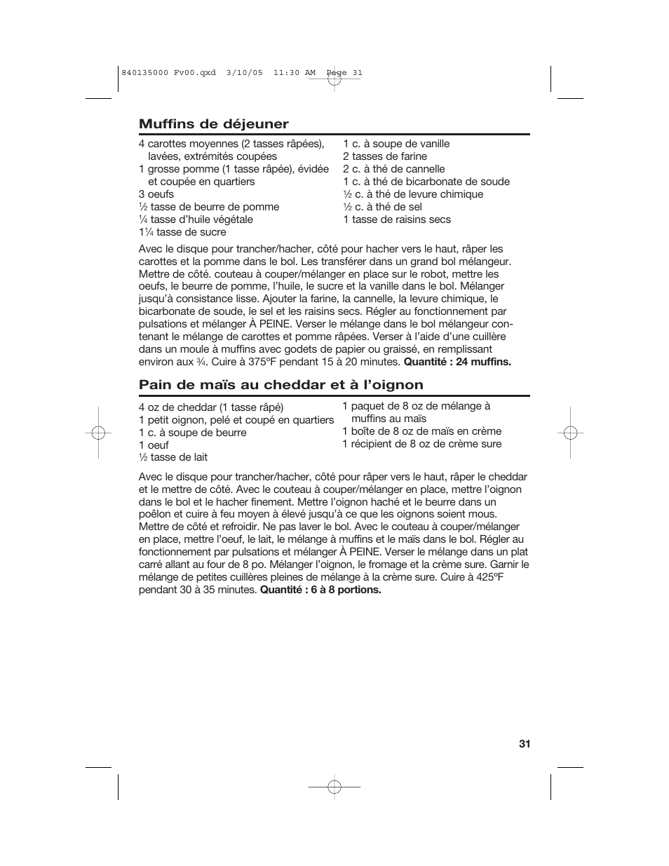 Muffins de déjeuner, Pain de maïs au cheddar et à l’oignon | Hamilton Beach 70550R User Manual | Page 31 / 44