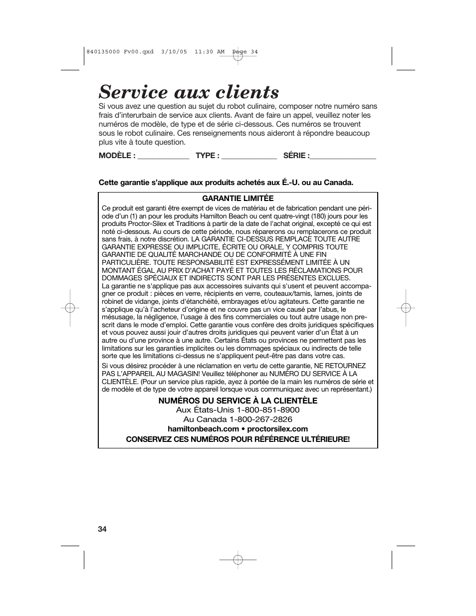 Service aux clients | Hamilton Beach 70550R User Manual | Page 34 / 44