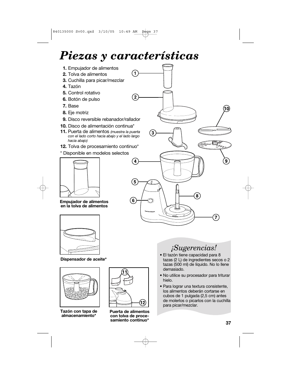 Piezas y características, Sugerencias | Hamilton Beach 70550R User Manual | Page 37 / 44