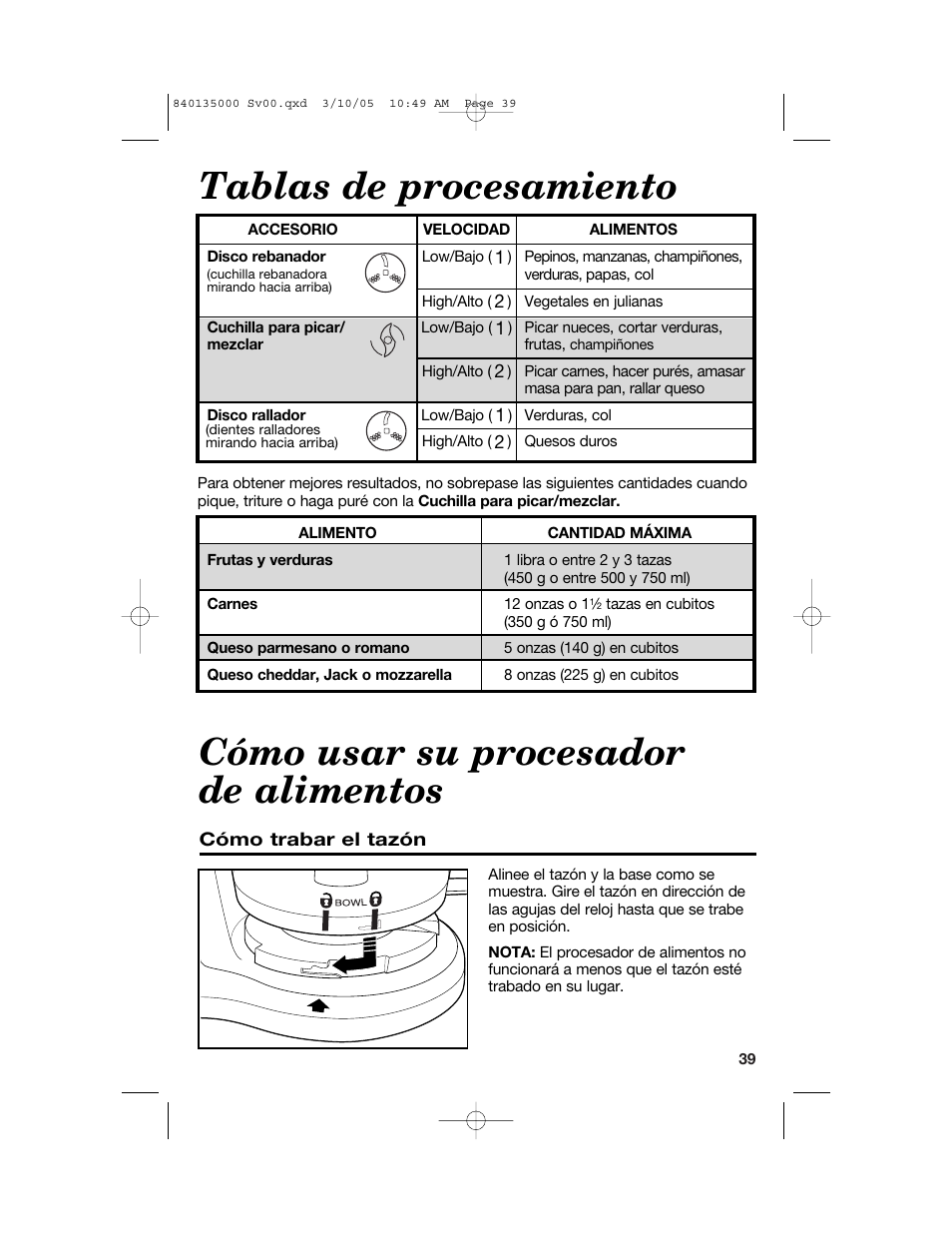 Tablas de procesamiento, Cómo usar su procesador de alimentos | Hamilton Beach 70550R User Manual | Page 39 / 44