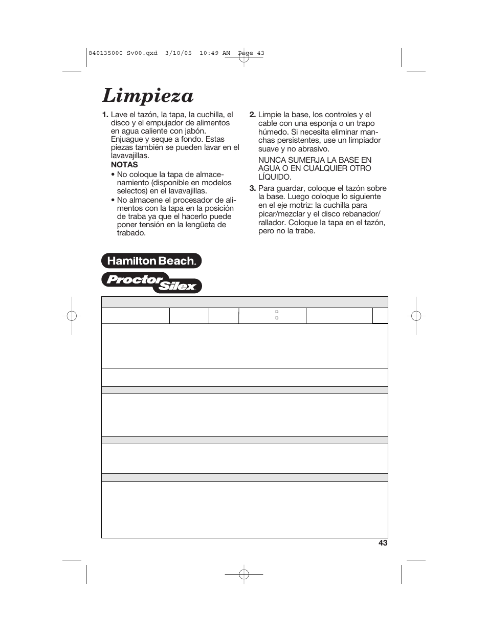 Limpieza | Hamilton Beach 70550R User Manual | Page 43 / 44