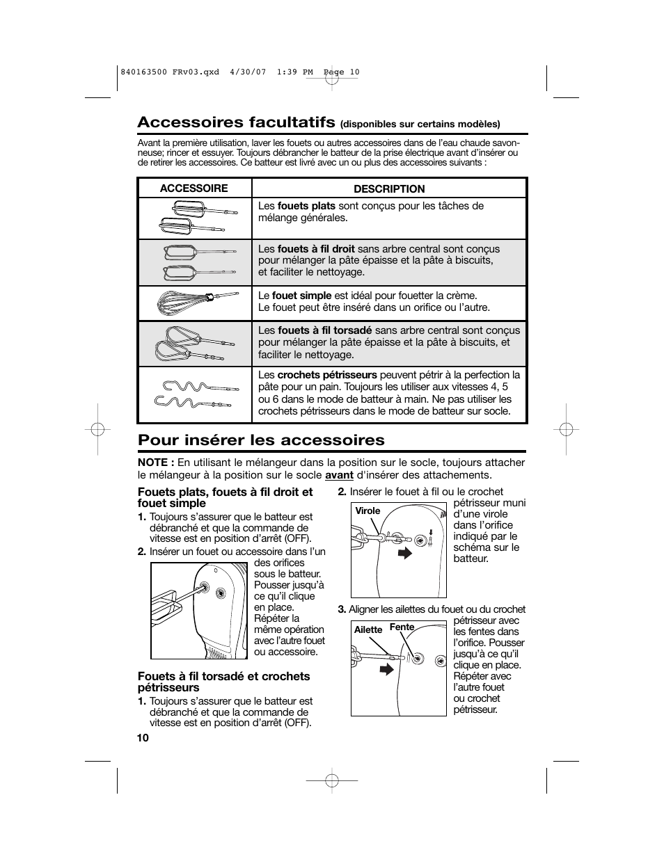 Accessoires facultatifs, Pour insérer les accessoires | Hamilton Beach 64695N User Manual | Page 10 / 20