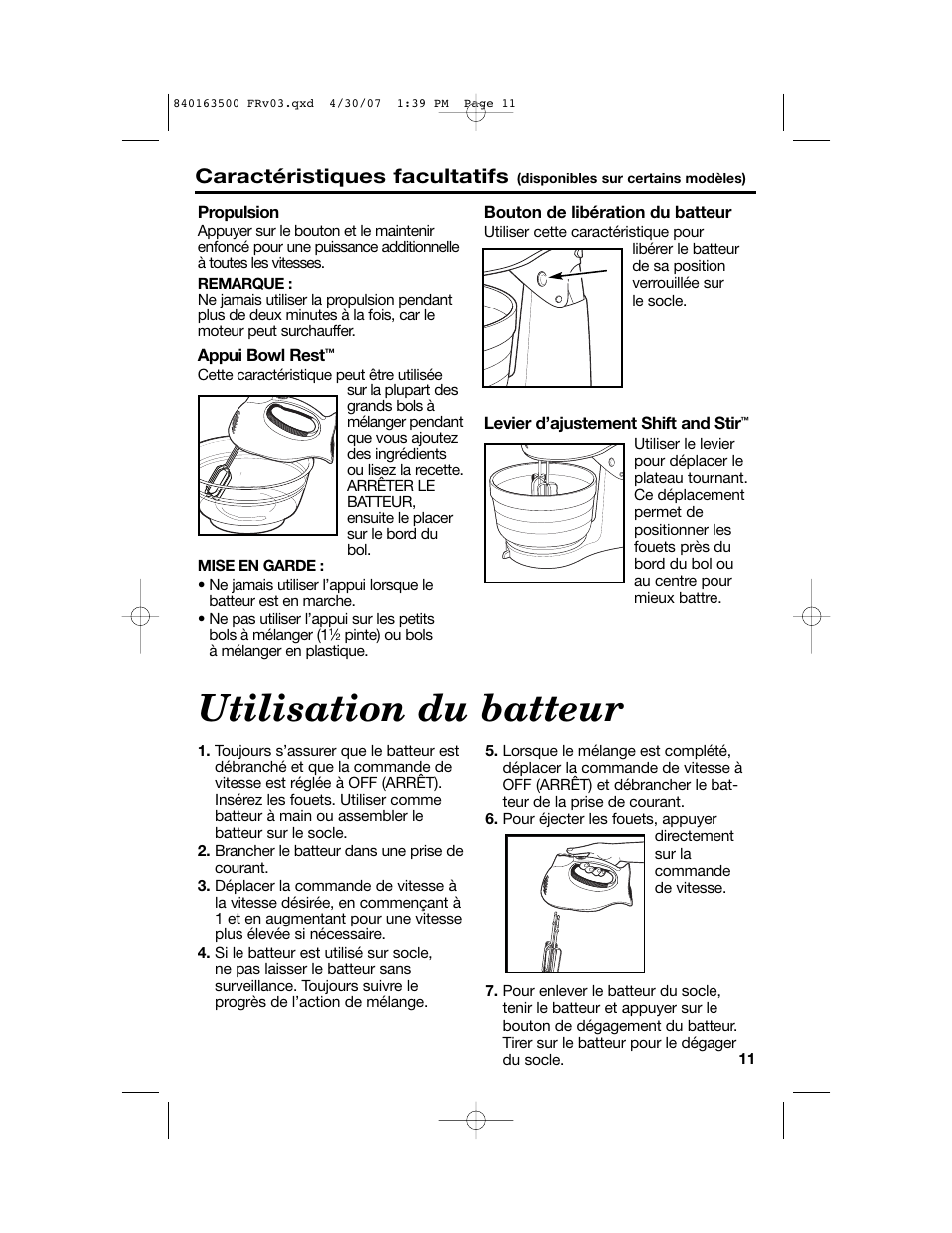 Utilisation du batteur, Caractéristiques facultatifs | Hamilton Beach 64695N User Manual | Page 11 / 20