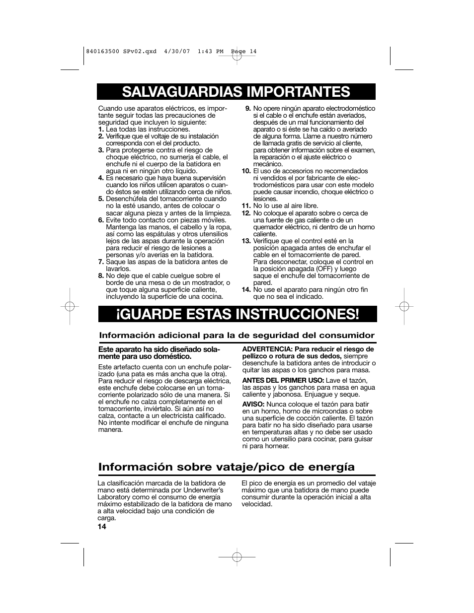 Información sobre vataje/pico de energía | Hamilton Beach 64695N User Manual | Page 14 / 20