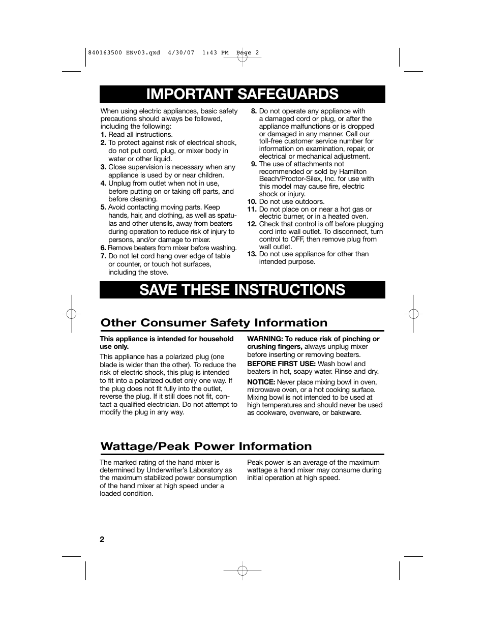 Important safeguards, Save these instructions, Other consumer safety information | Wattage/peak power information | Hamilton Beach 64695N User Manual | Page 2 / 20