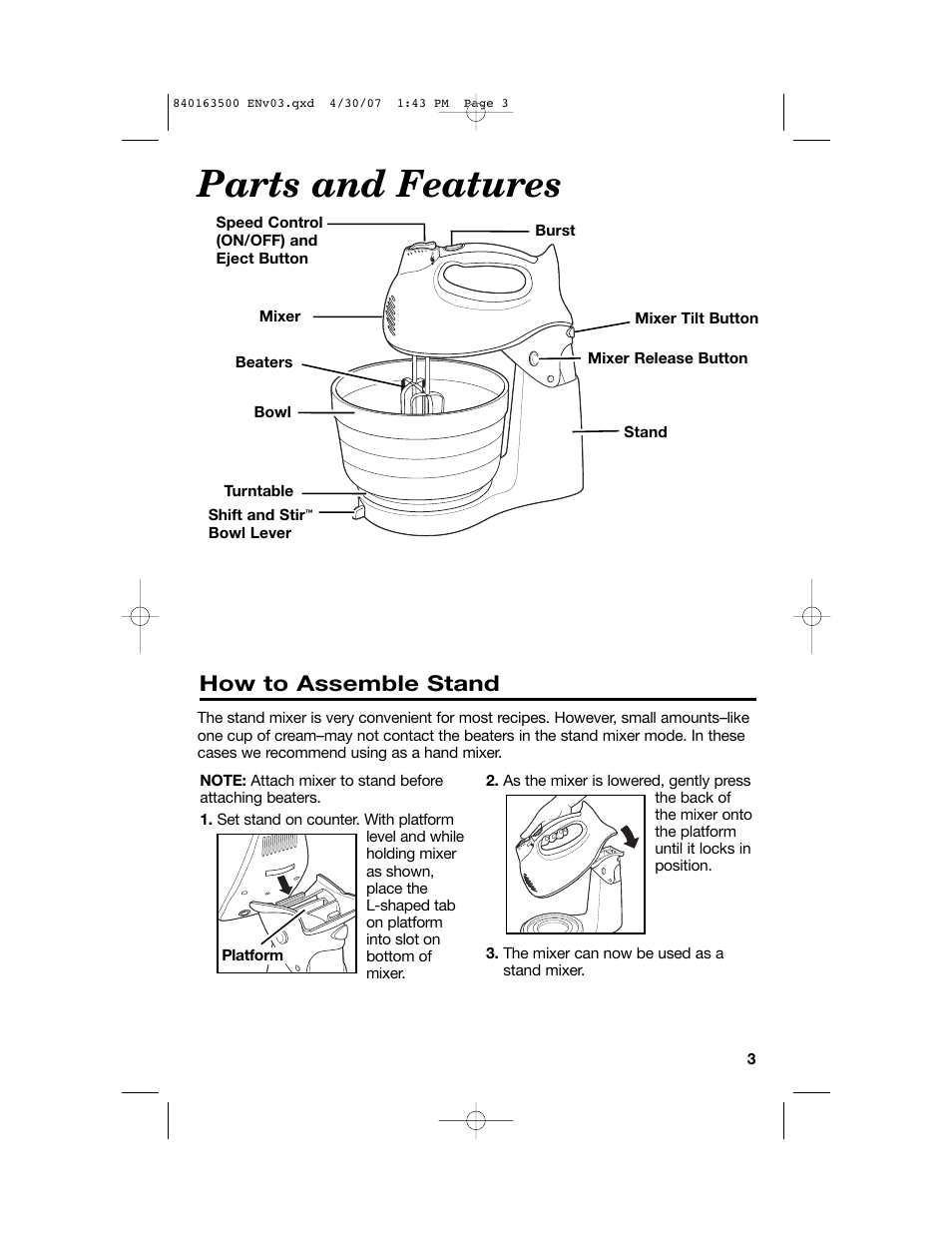 Parts and features, How to assemble stand | Hamilton Beach 64695N User Manual | Page 3 / 20