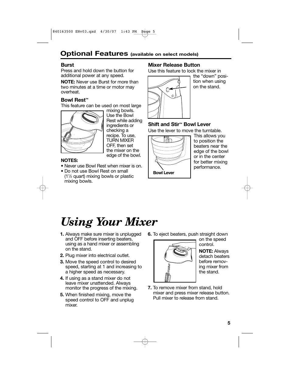 Using your mixer, Optional features | Hamilton Beach 64695N User Manual | Page 5 / 20