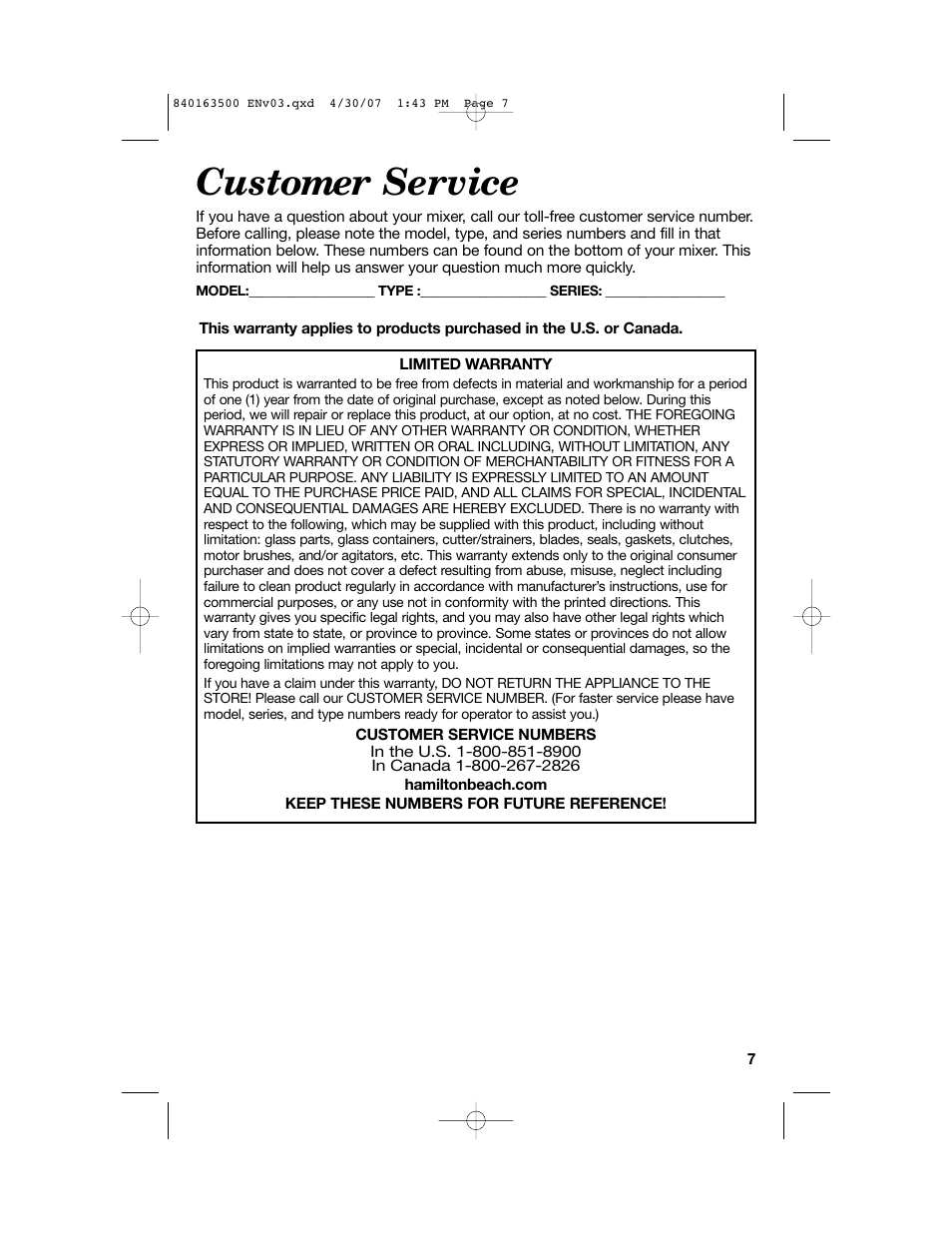 Customer service | Hamilton Beach 64695N User Manual | Page 7 / 20