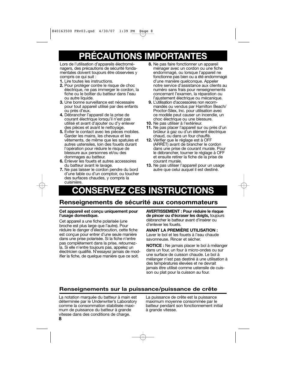 Précautions importantes, Conservez ces instructions, Renseignements de sécurité aux consommateurs | Hamilton Beach 64695N User Manual | Page 8 / 20