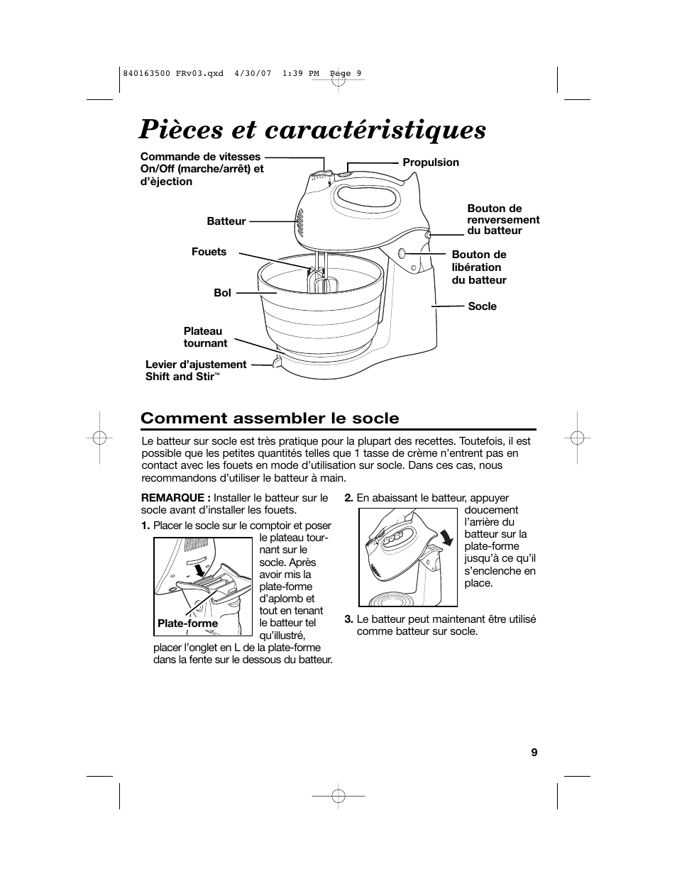 Pièces et caractéristiques, Comment assembler le socle | Hamilton Beach 64695N User Manual | Page 9 / 20