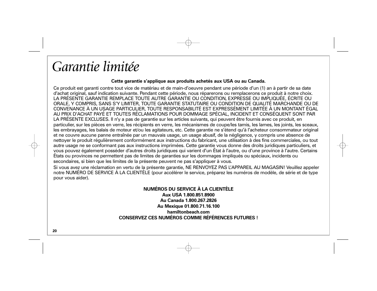 Garantie limitée | Hamilton Beach 840172800 User Manual | Page 20 / 32