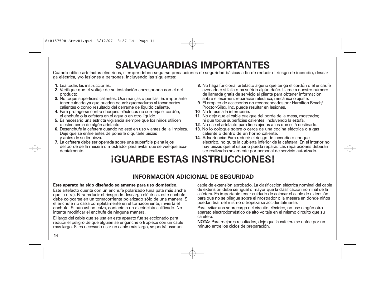 Salvaguardias importantes, Guarde estas instrucciones | Hamilton Beach 42116C User Manual | Page 14 / 20