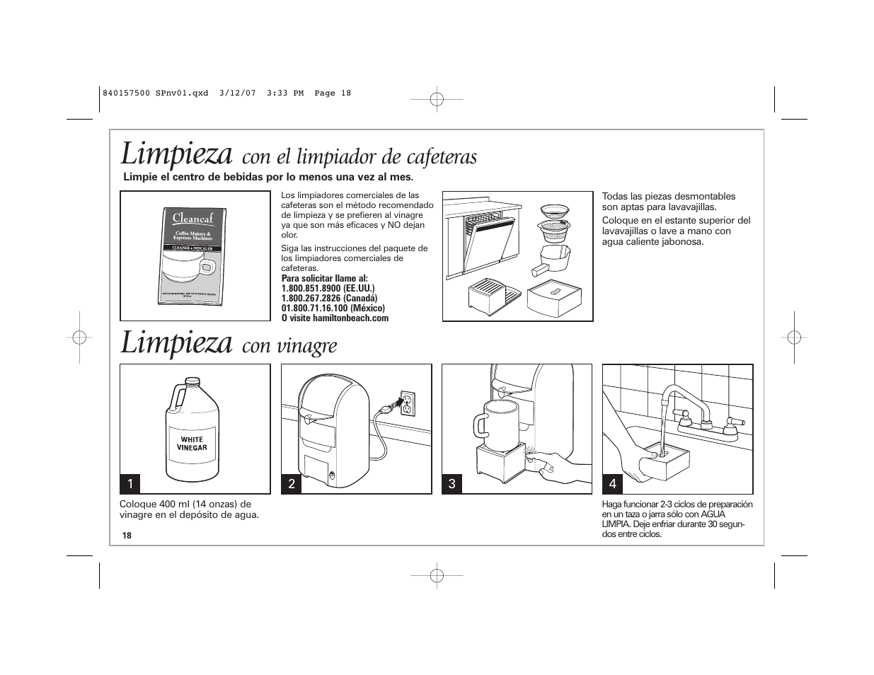 Limpieza, Con el limpiador de cafeteras, Con vinagre | Hamilton Beach 42116C User Manual | Page 18 / 20