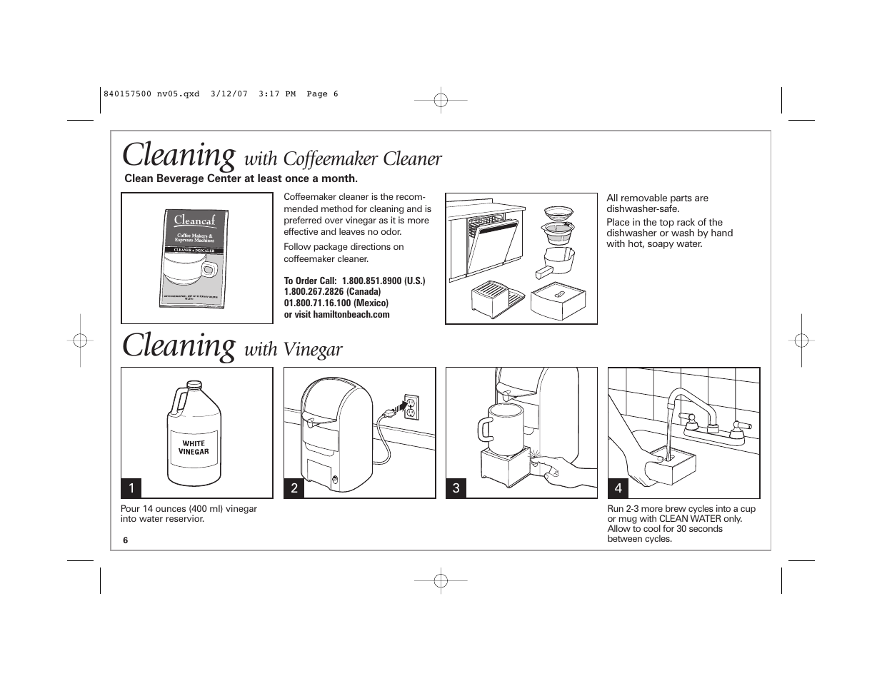 Cleaning, With coffeemaker cleaner, With vinegar | Hamilton Beach 42116C User Manual | Page 6 / 20