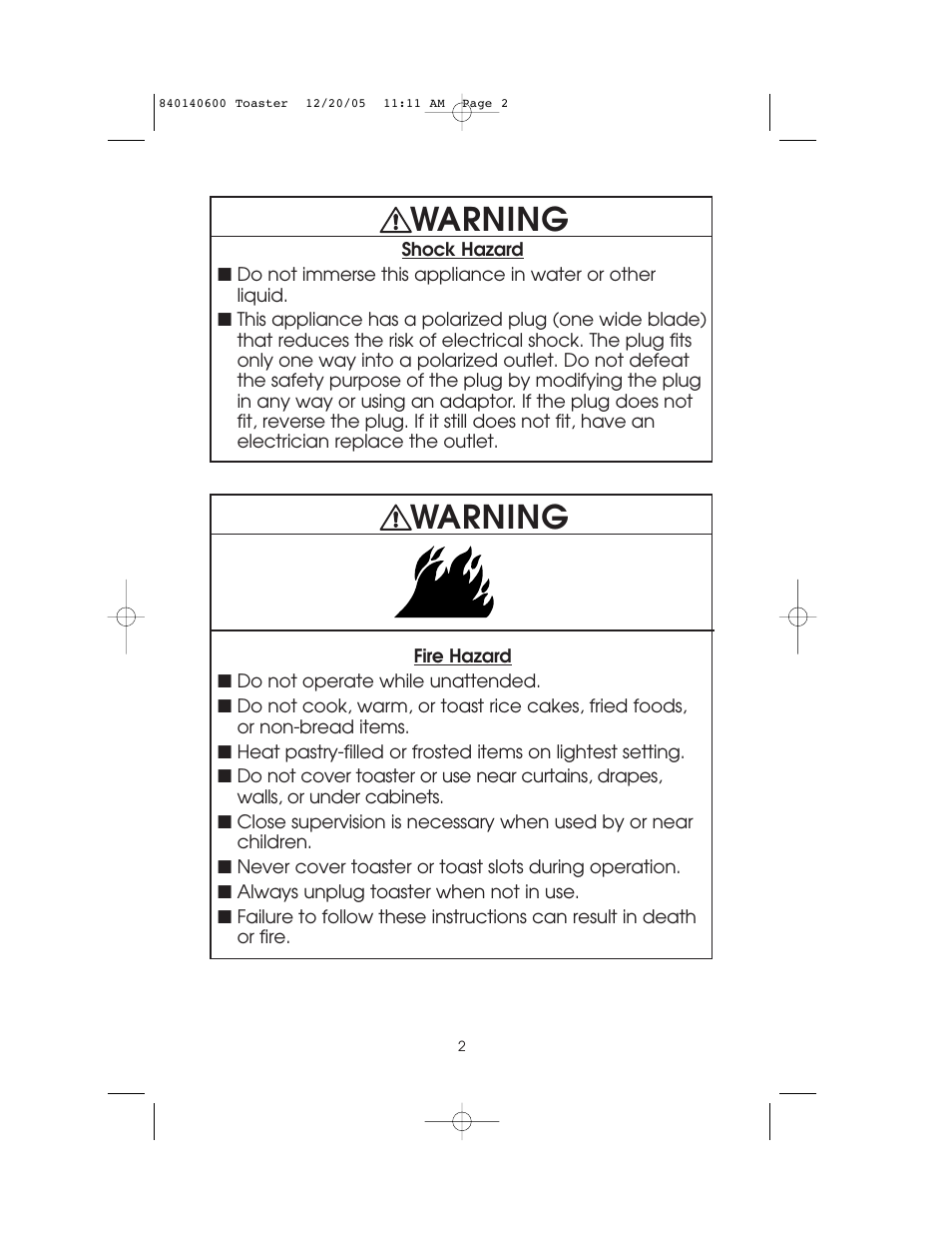 Warning | Hamilton Beach 22300 User Manual | Page 2 / 10